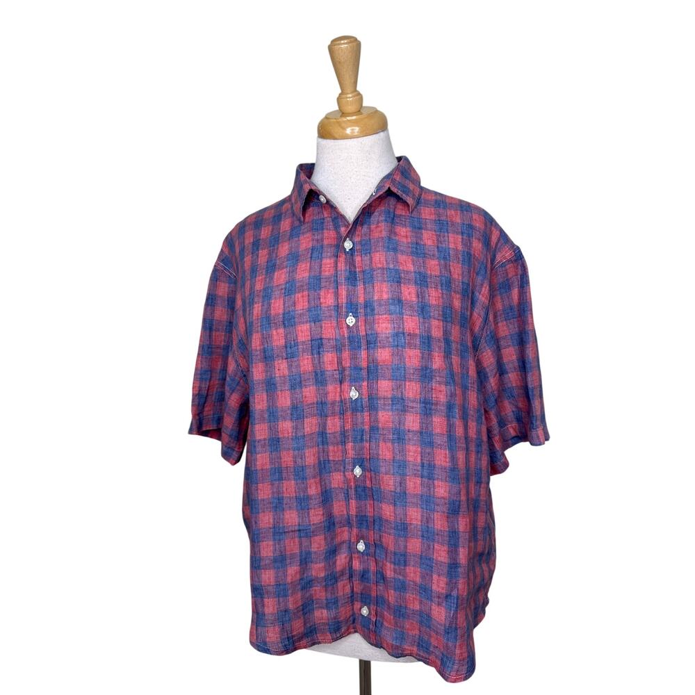FRANK & EILEEN Checkered Short Sleeve Button Up Top Size Large Blue Red
